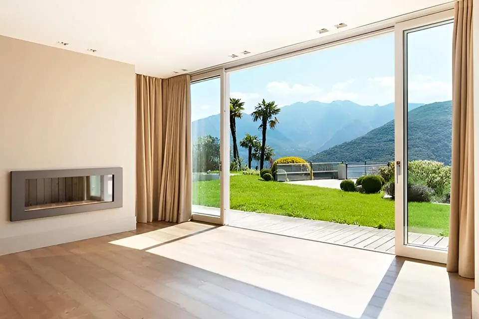Living room with floor-to-ceiling drapery panels framing sliding glass doors