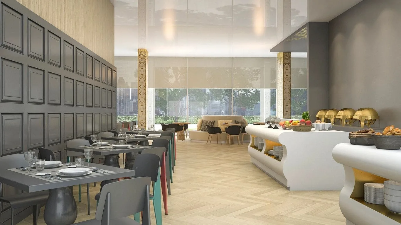 Sheer roller shades on the windows of a bright Indianapolis dining space