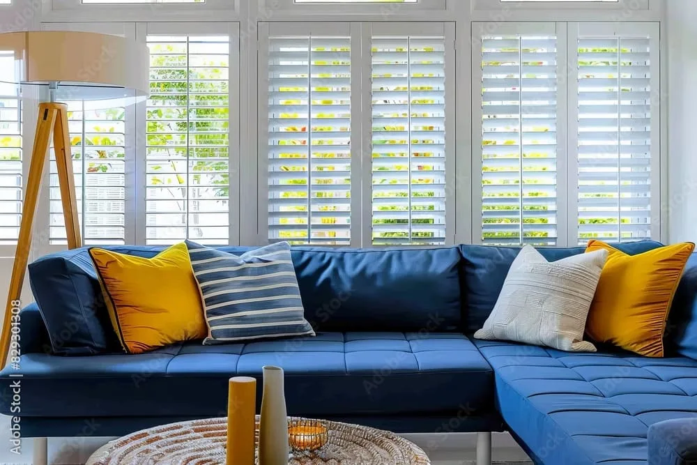 Living room in an Indianapolis home with white plantation shutters behind a navy sectional