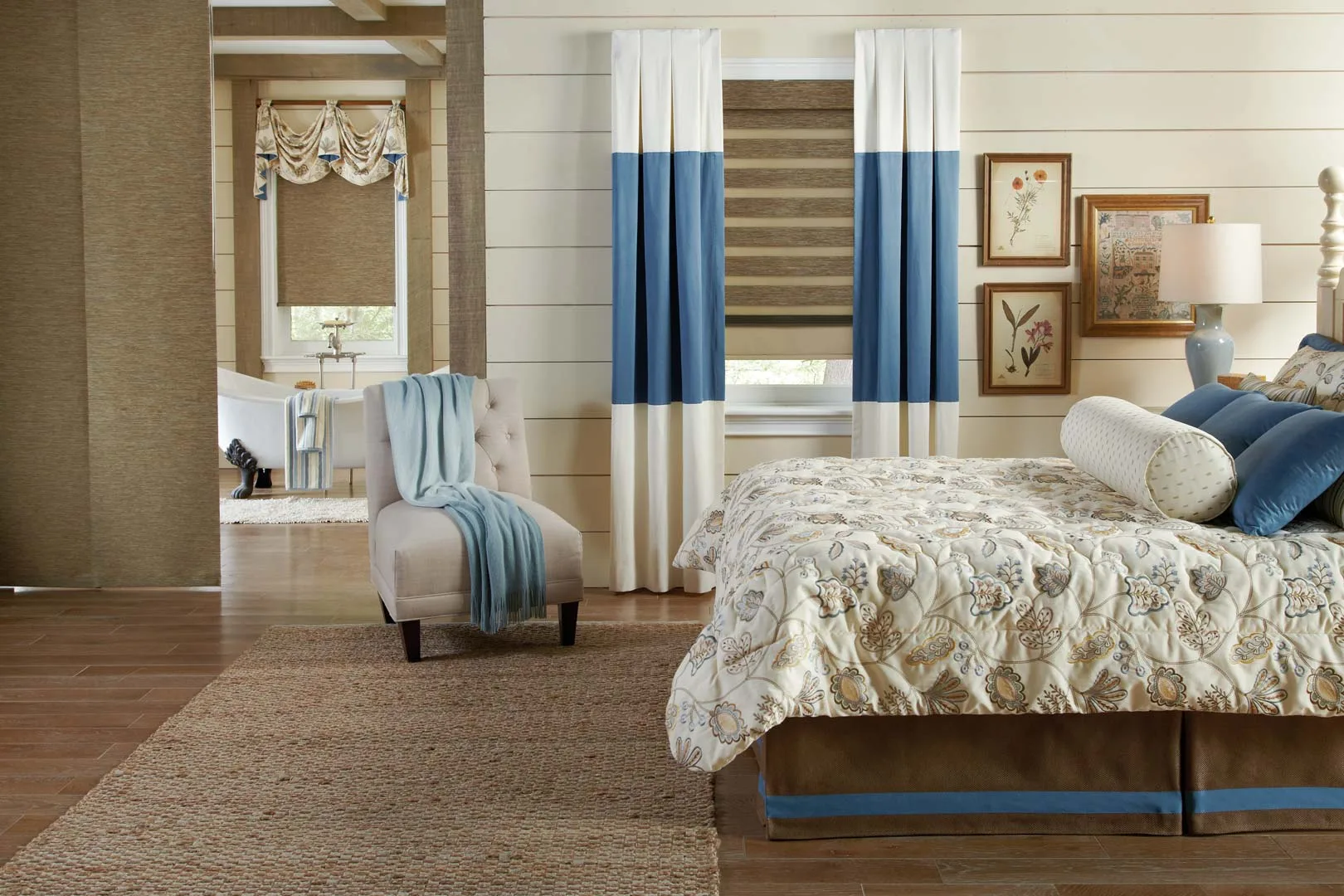 Bedroom in an Indianapolis home with custom color-block drapery and a Roman shade