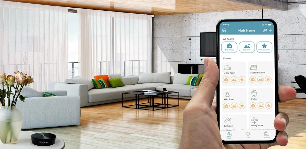 Homeowner opening a motorized SmartDrape from a phone app in an Indianapolis living room