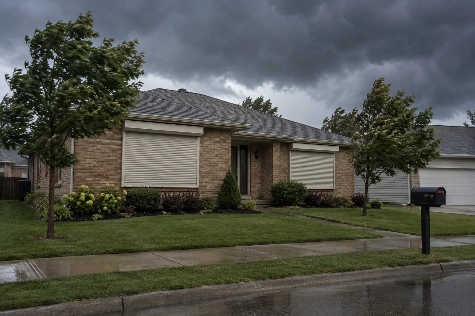 Indianapolis brick home with roll-down storm shutters closed over the front windows