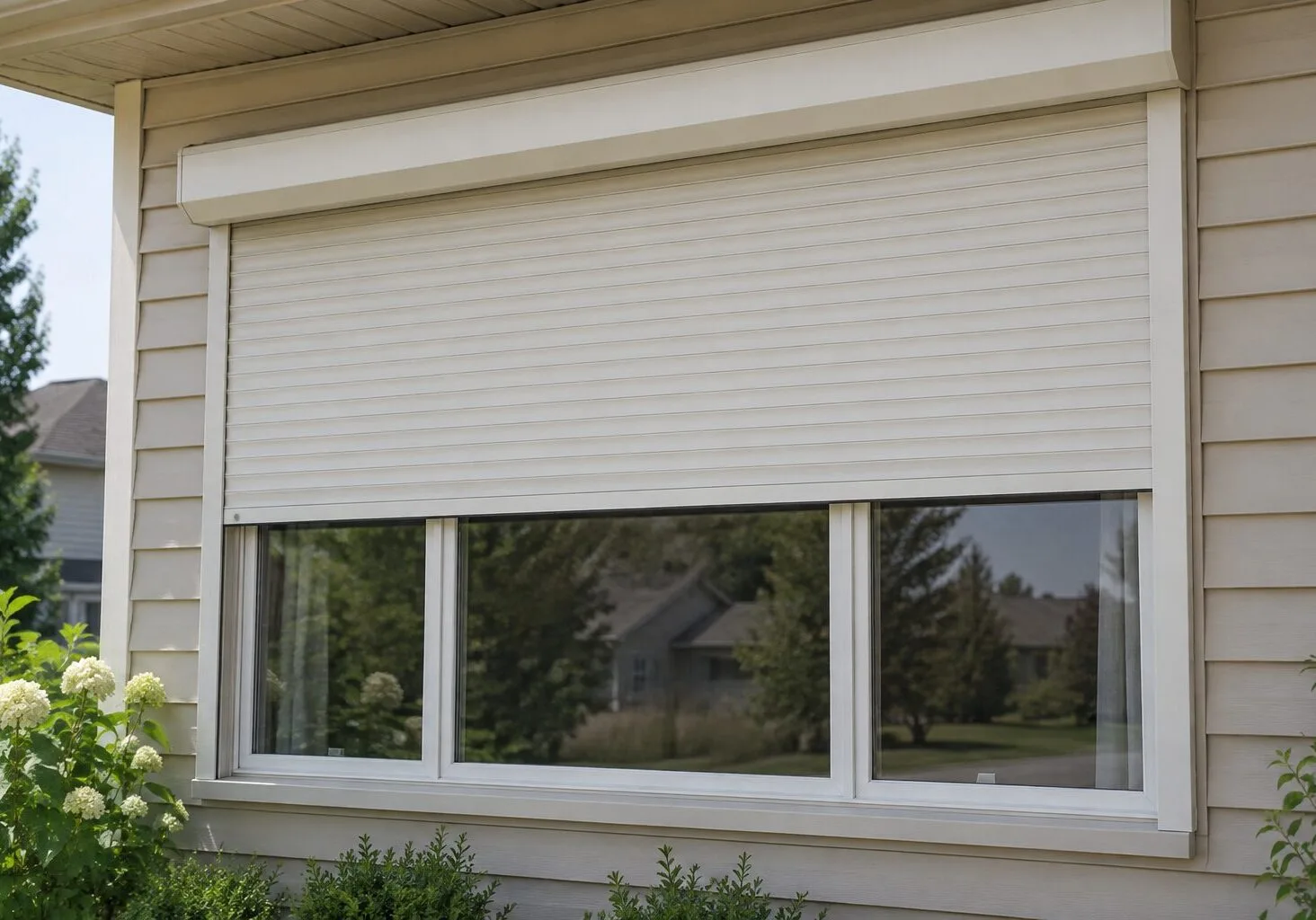 Close-up of a roll-down storm shutter installed over a window on an Indianapolis home