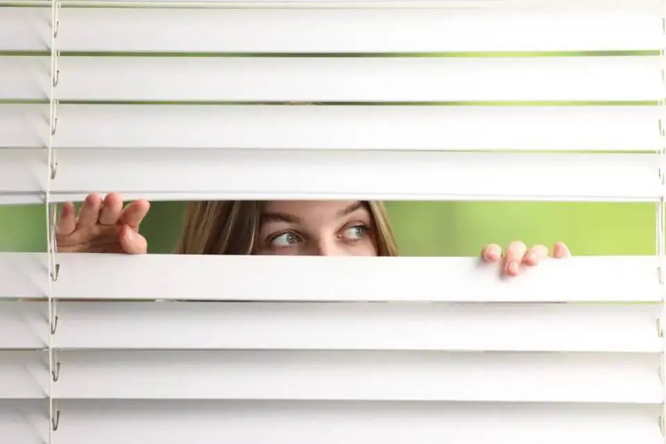 A woman peeking through the blinds of her window.