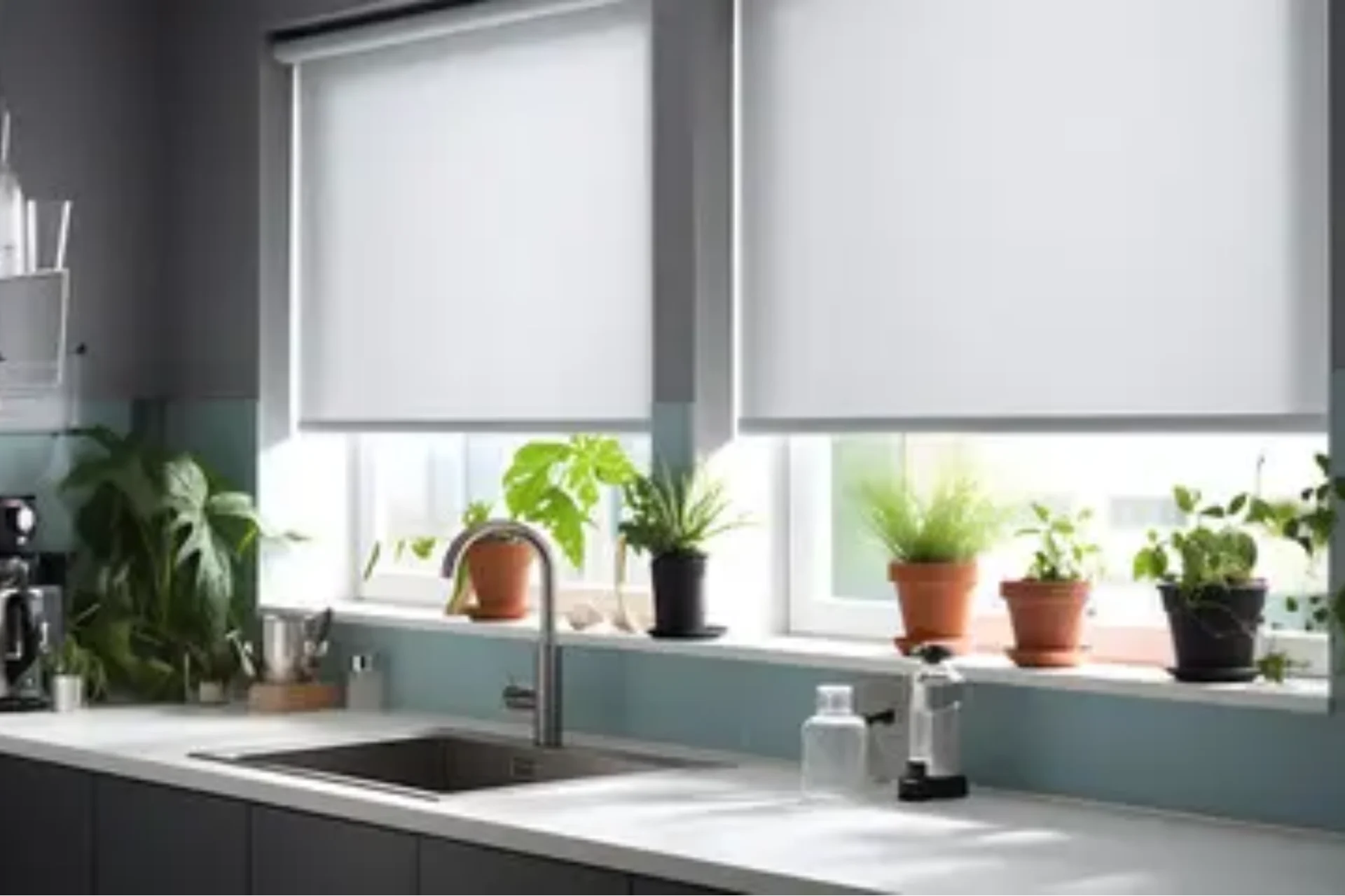 A kitchen with a sink and window covered in plants.