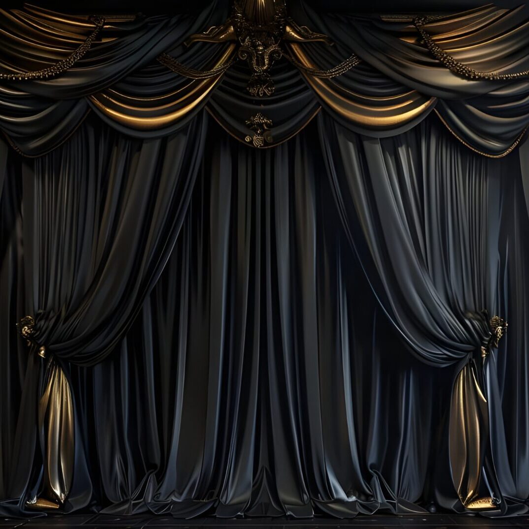 A stage with black and gold curtains draped in the wind.