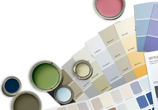 Paint cans and color swatches for the custom shutter finishes we offer in Indianapolis